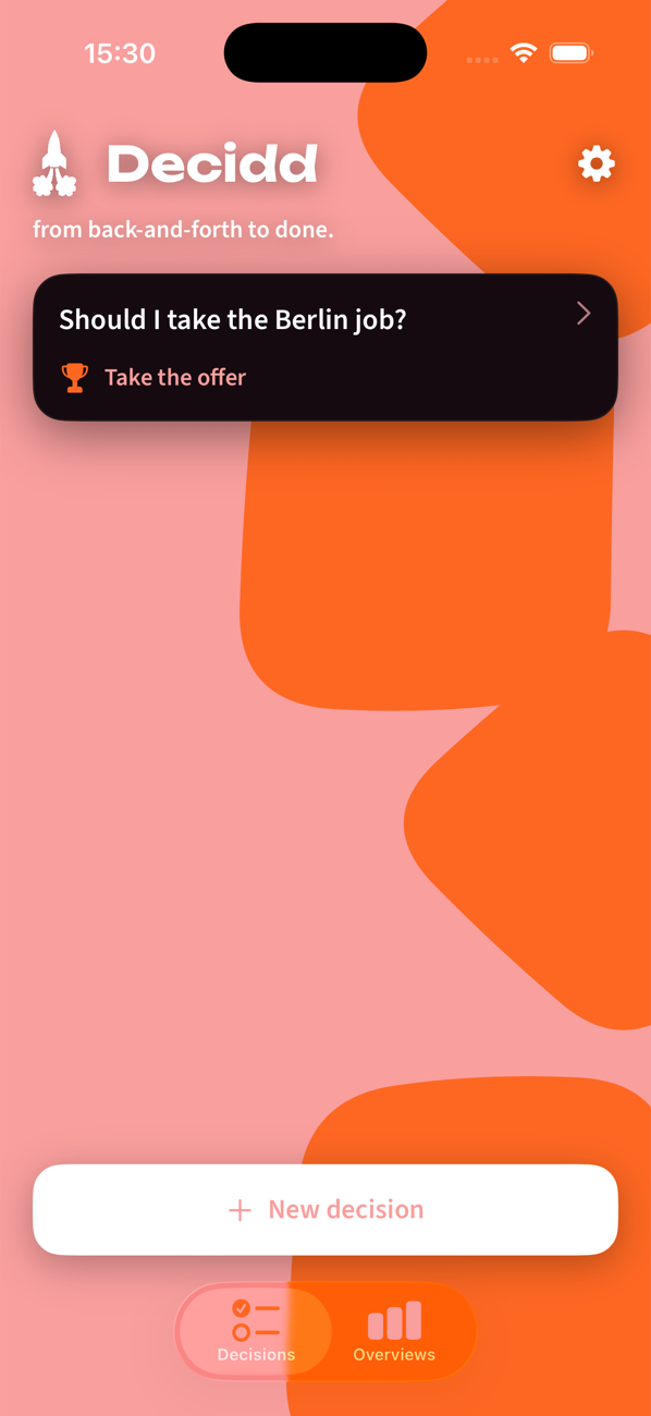 Der Decidd-Startbildschirm mit einer gespeicherten Entscheidung und einem Button für eine neue Entscheidung